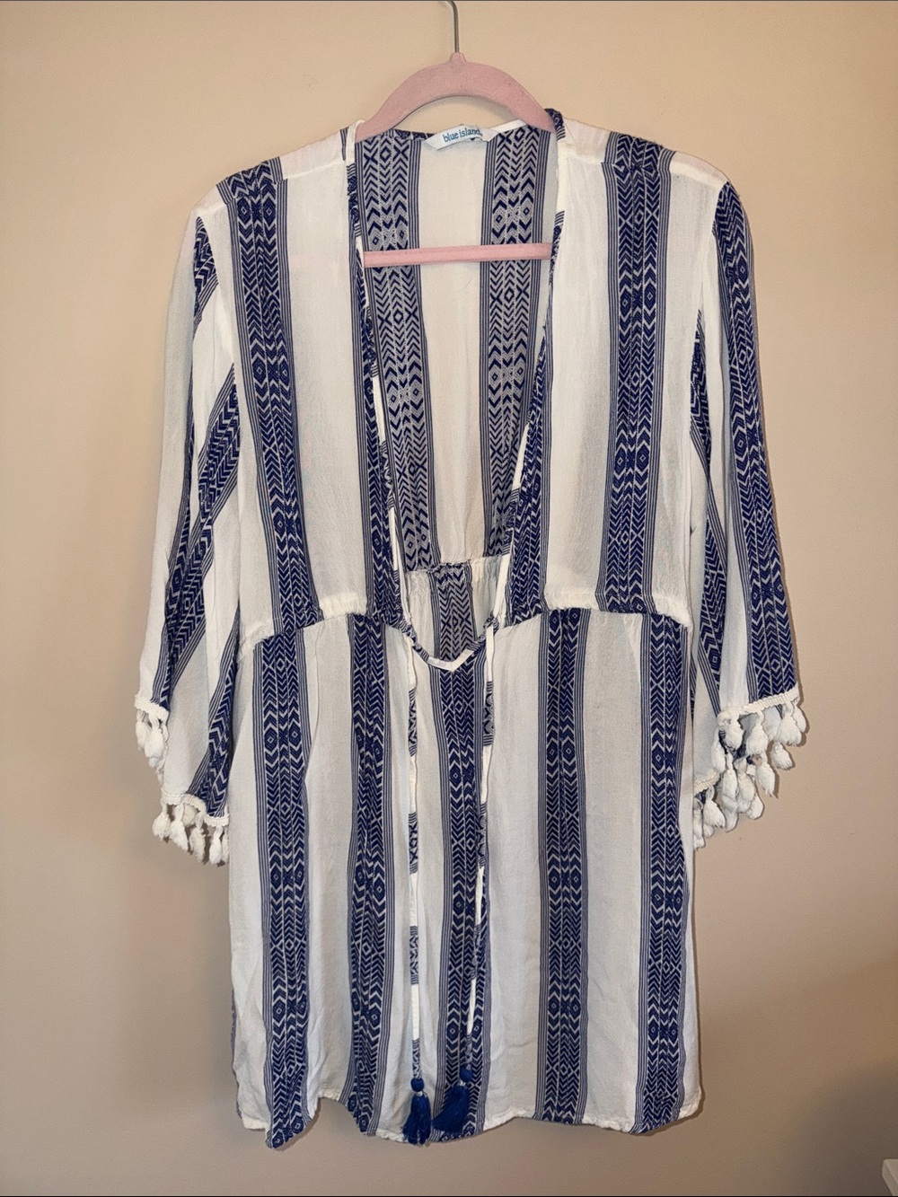 blue island White and Navy Striped Tie-Front Swim Coverup